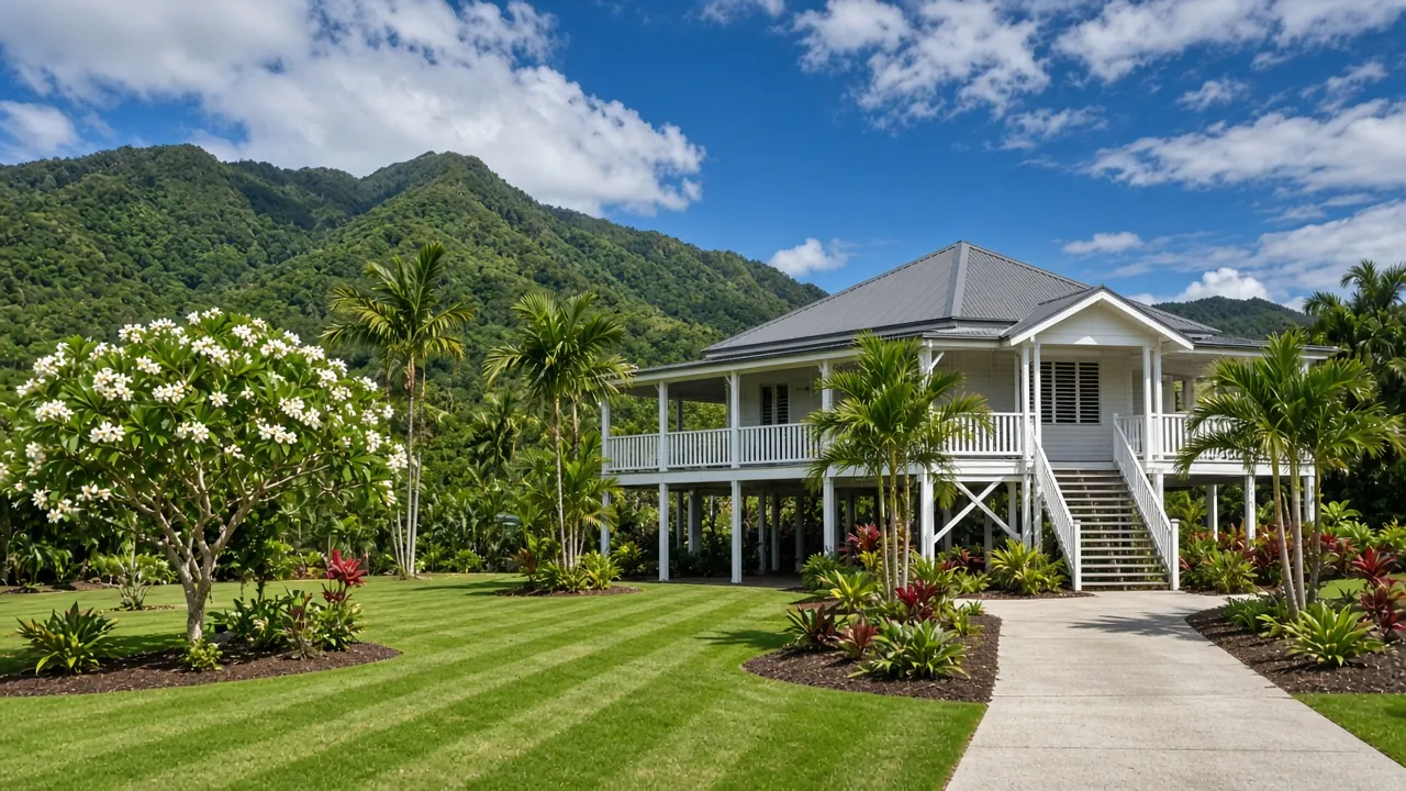 Manicured Queenslander front yard with palms on a sunny day in Cairns