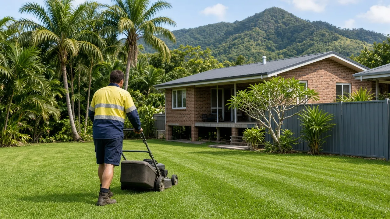 Lawn mowing and garden care at a home in Cairns