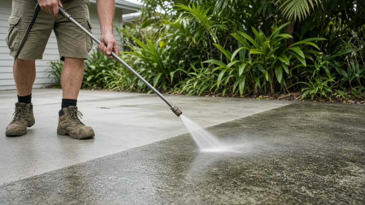 Pressure washing a concrete driveway in Cairns