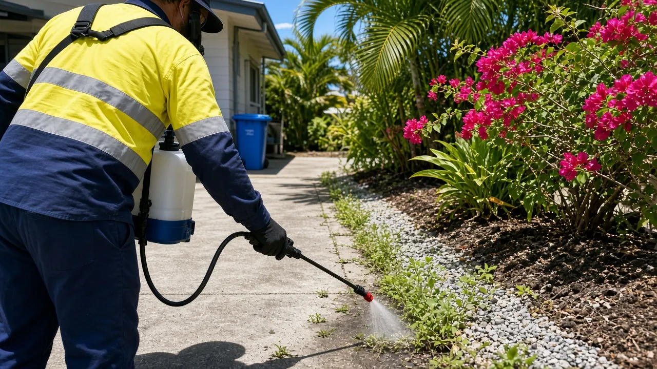 Weed control spraying along a garden edge in Cairns